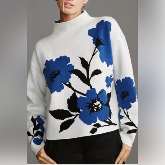 Anthropologie Maeve Carys Blue Floral Mock Neck Sweater, Size M - Picture 2 of 10